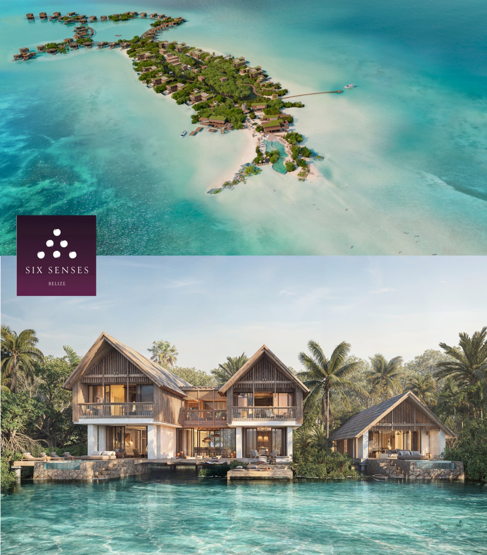 Six Senses Belize — aerial of the island resort and overwater branded residences